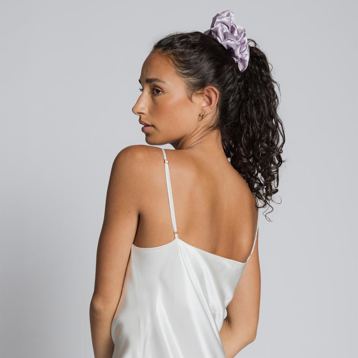 lilac scrunchie in black hair silk