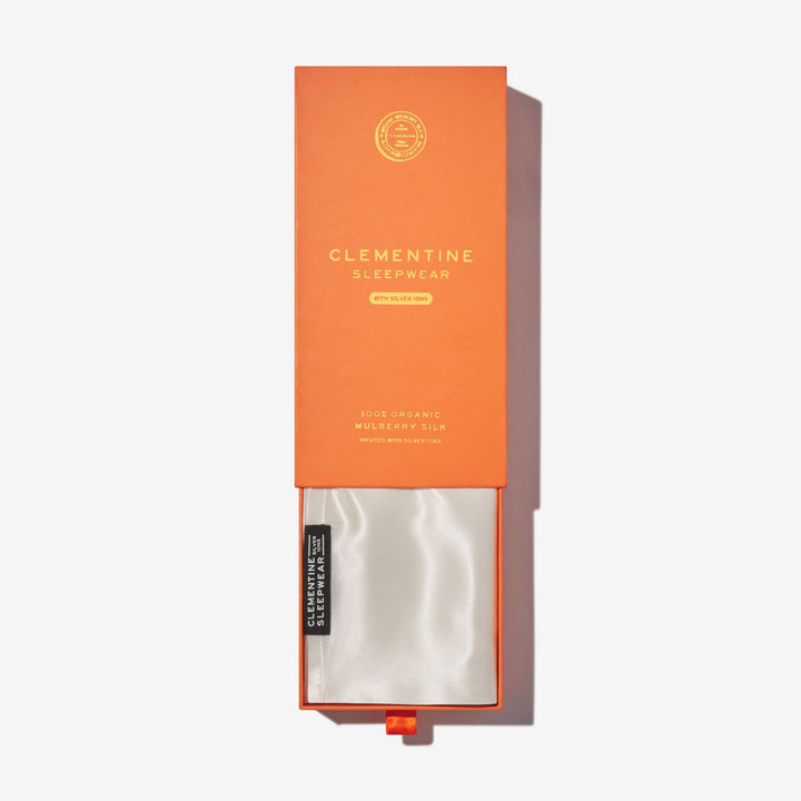 Clementine Sleepwear box with pearl-white silk pouch — CLEMENTINE SLEEPWEAR; WITH SILVER IONS; 100% ORGANIC MULBERRY SILK#color_pearl-white