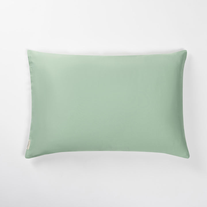 Green rectangular pillow with a small fabric tag on the left side#color_match-point-green