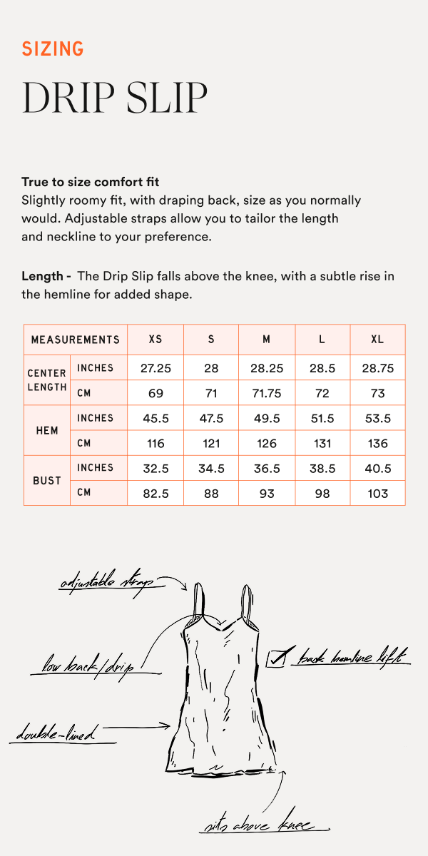 Sizing chart and annotated sketch of a slip dress showing adjustable straps, low back, double-lined, sits above knee.