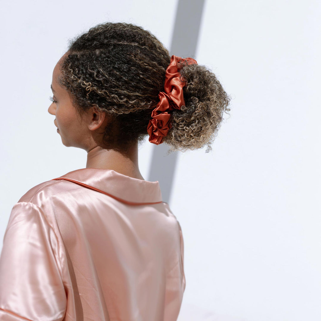 Back profile of gentle elastic oversized hair scrunchie in dusk