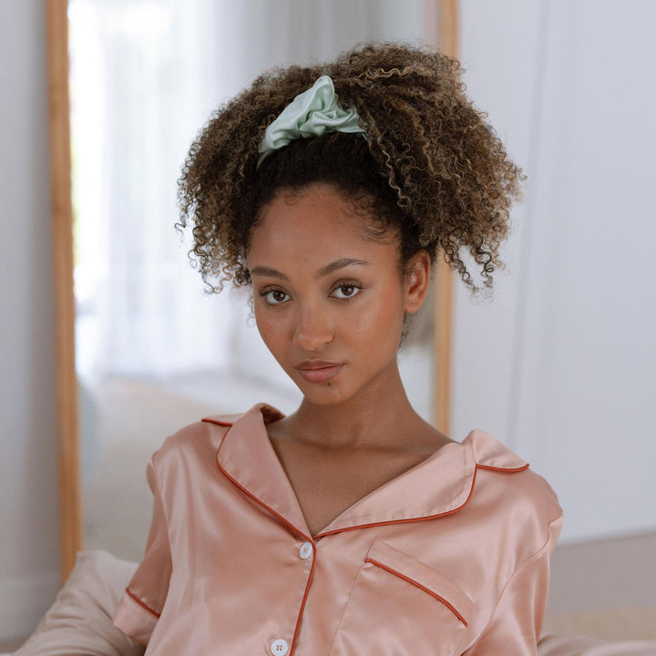 mint scrunchie in hair