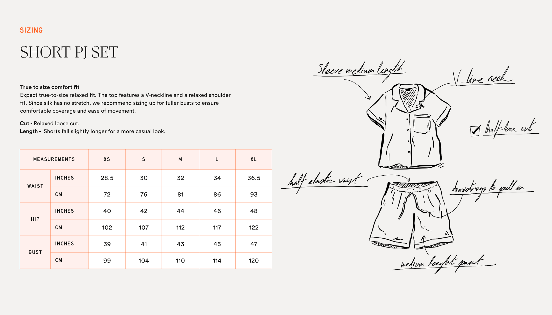 Hand-drawn shirt and shorts with annotations and an XS–XL sizing table of waist, hip, and bust measurements.