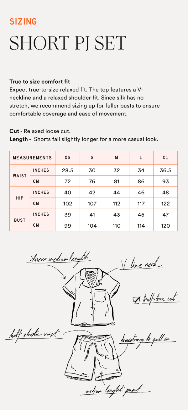 Sizing chart with measurements table and hand-sketched short pajama top and shorts annotated with garment notes.