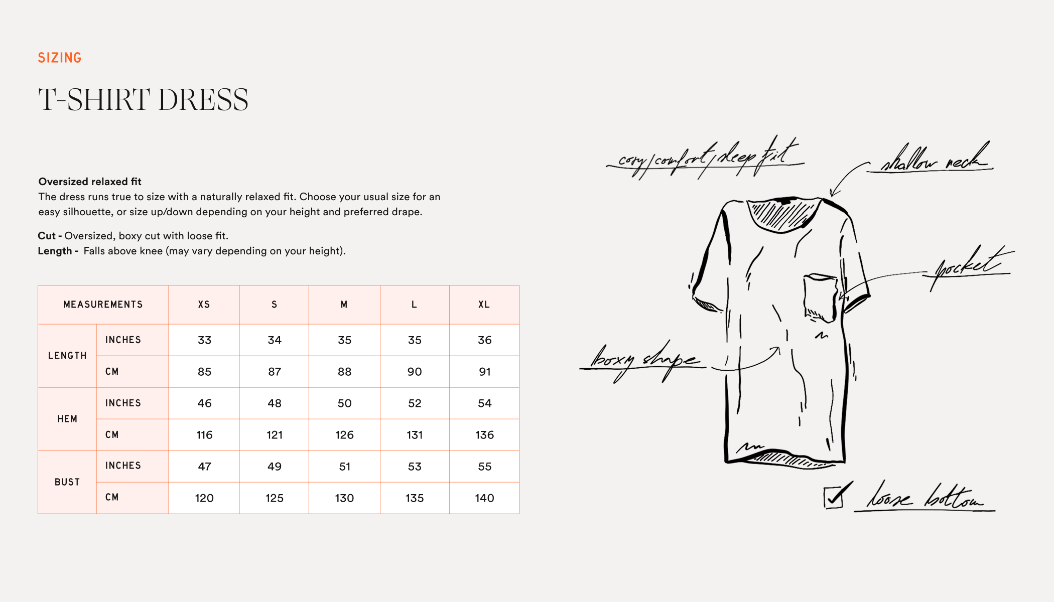 TShirt Dress Size Chart