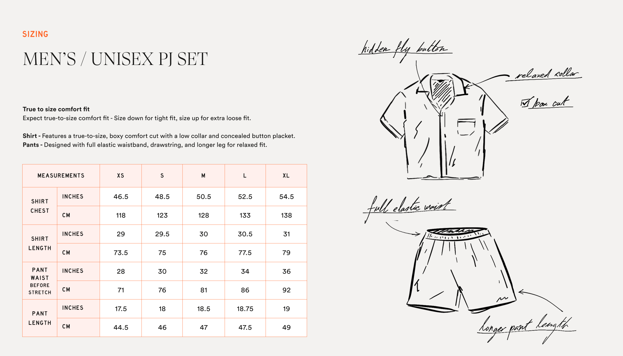 Men's Unisex PI Set Size Chart