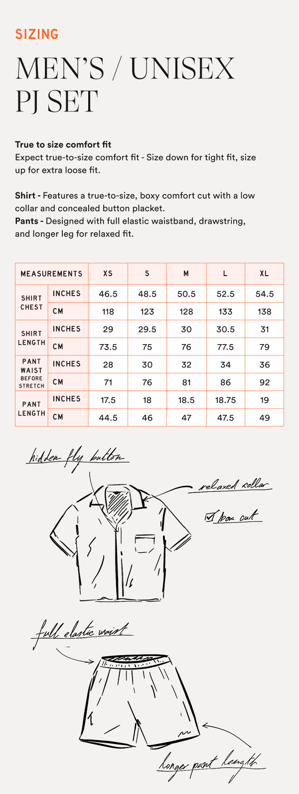Men's/Unisex PJ sizing chart (XS–XL) with measurements table and sketches: relaxed collar, box cut, hidden fly, elastic waist