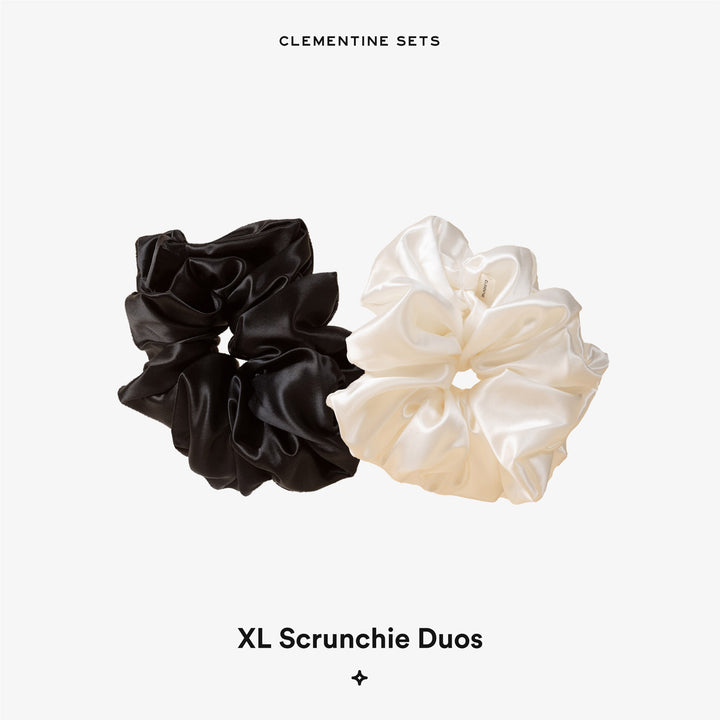 Black and cream oversized satin scrunchies; text: 'CLEMENTINE SETS' and 'XL Scrunchie Duos'.