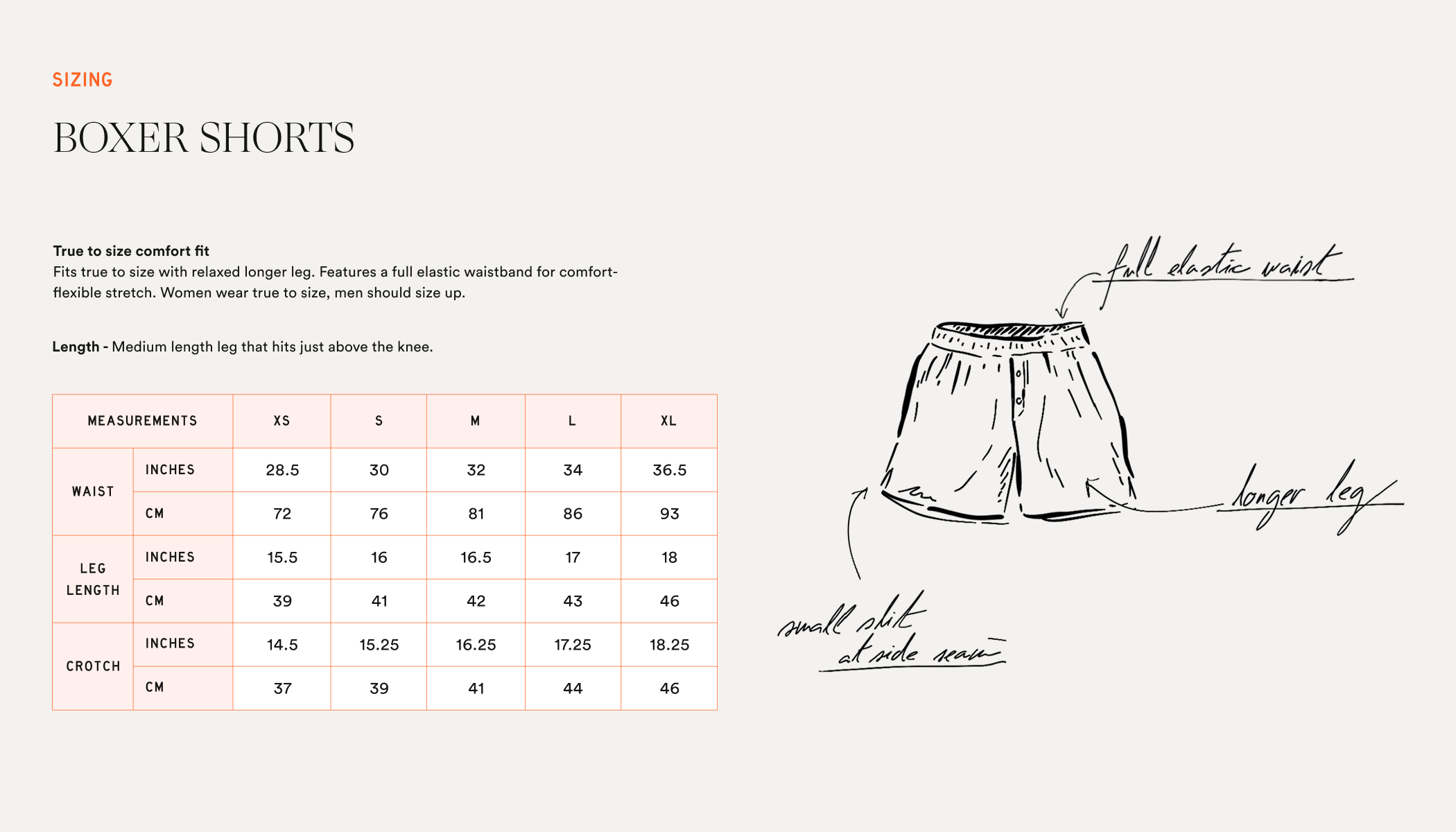 Hand-drawn sketch of boxer shorts with callouts 'full elastic waist', 'longer leg', 'small slit at side seam', plus sizing table.