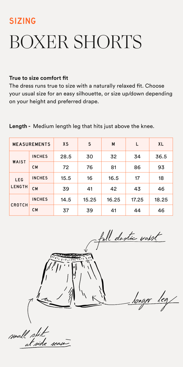 SIZING — BOXER SHORTS size chart with sketch labeled 'full elastic waist', 'longer leg', 'small slit at side seam'