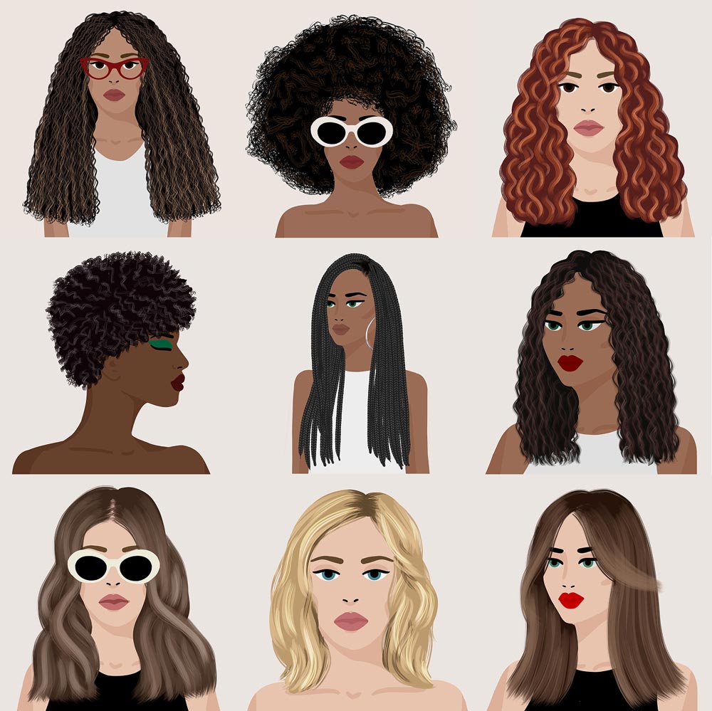 Nine illustrated female portraits in a 3x3 grid showing diverse skin tones and a variety of hairstyles and accessories.