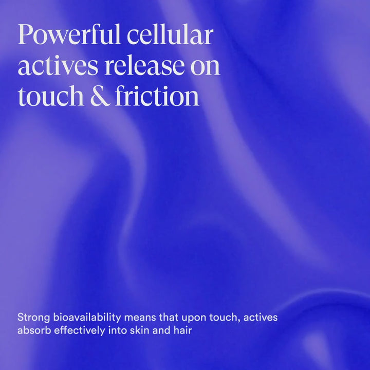 Blue abstract background with headline: Powerful cellular actives release on touch & friction - #color_ocean