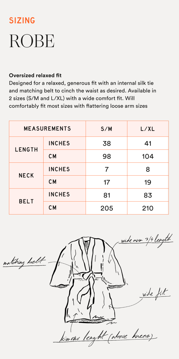 Sketch of kimono-style robe with matching belt, handwritten notes, and measurements table for S/M and L/XL sizes.