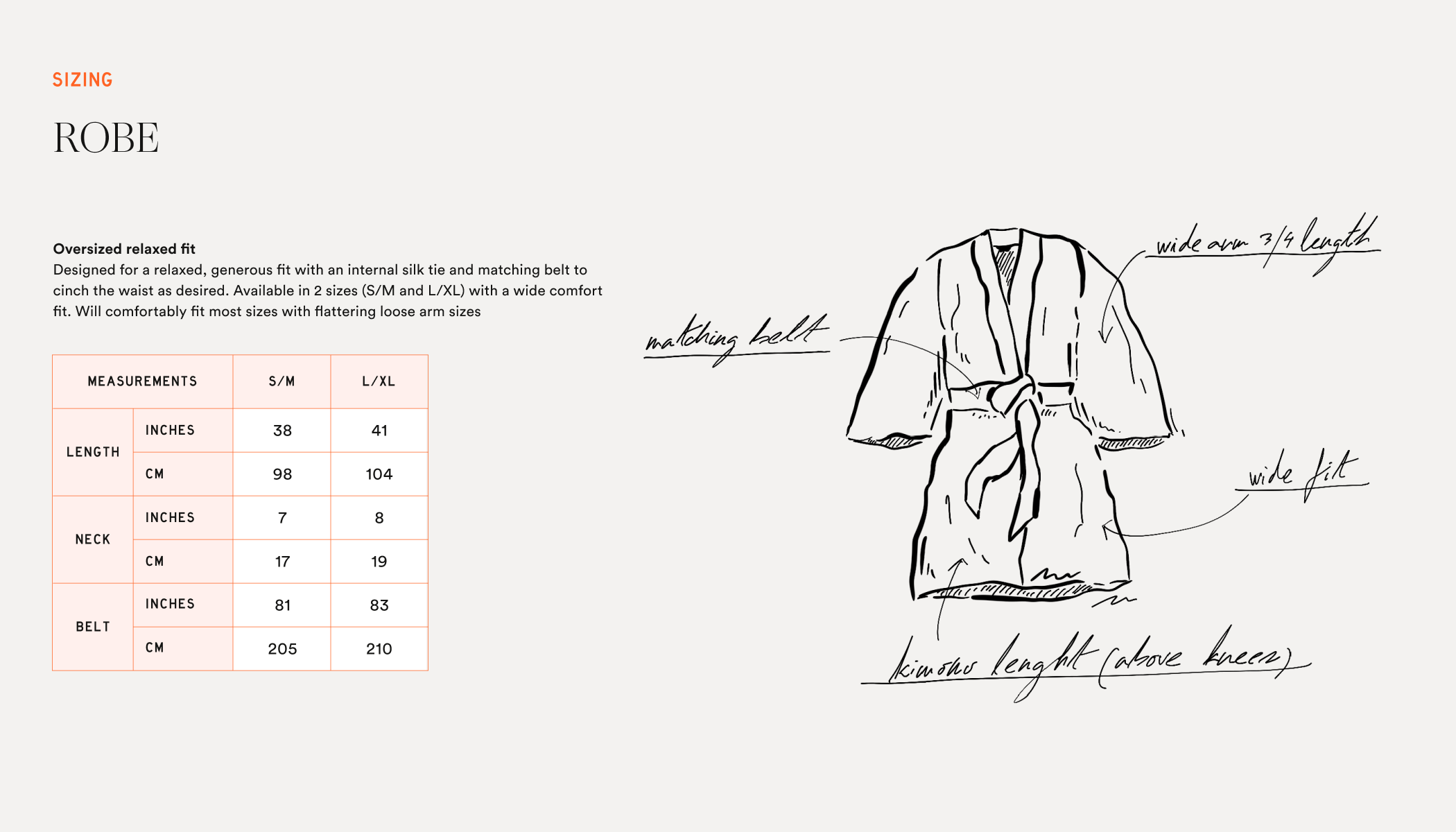 Hand-drawn robe sketch with annotations (matching belt; wide arm 3/4 length; wide fit; kimono length (above knees)) and S/M–L/XL measurements table.