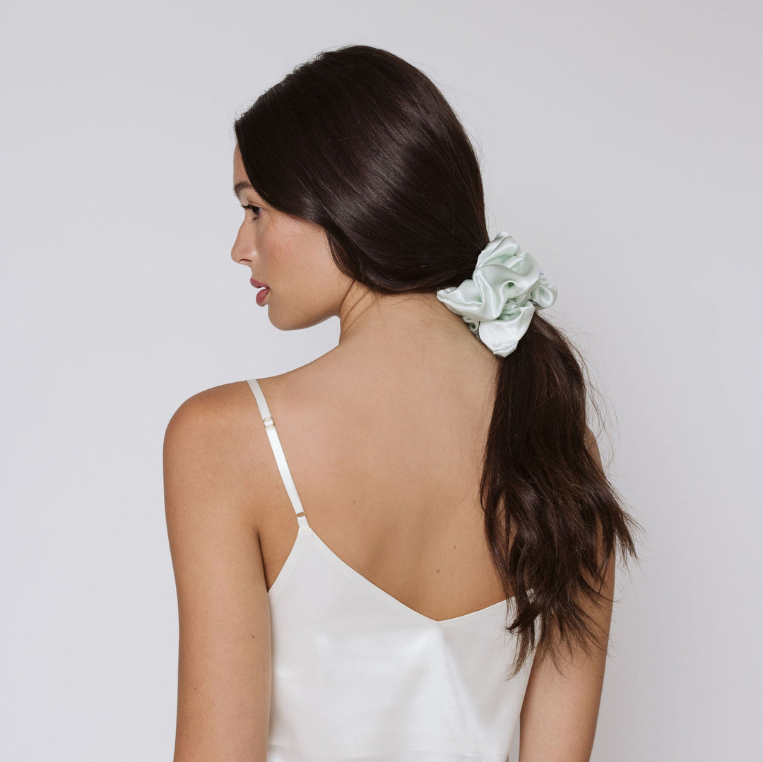 mint scrunchie in straight hair