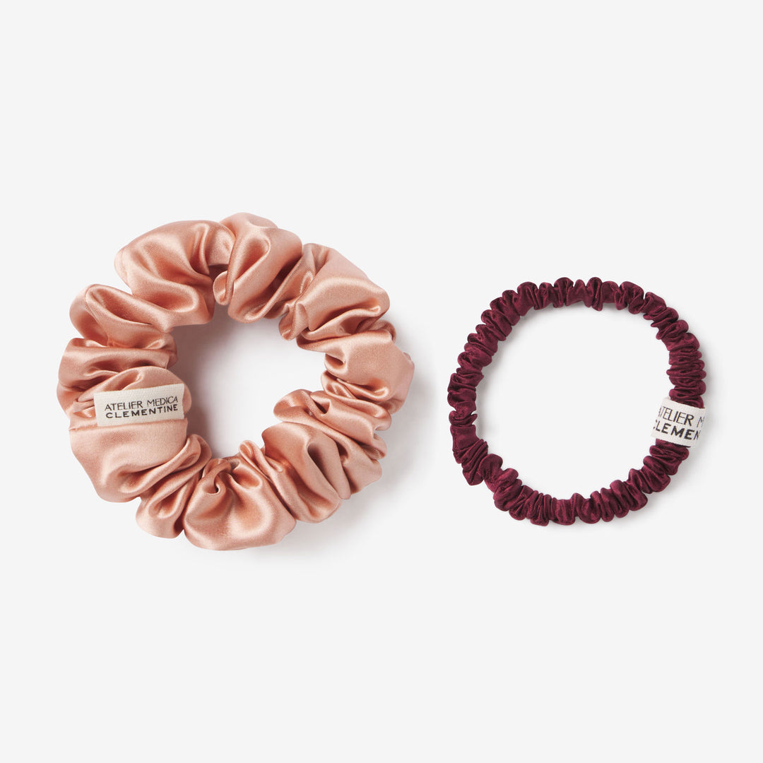 2 scrunchies side by side with atelier medica silk.