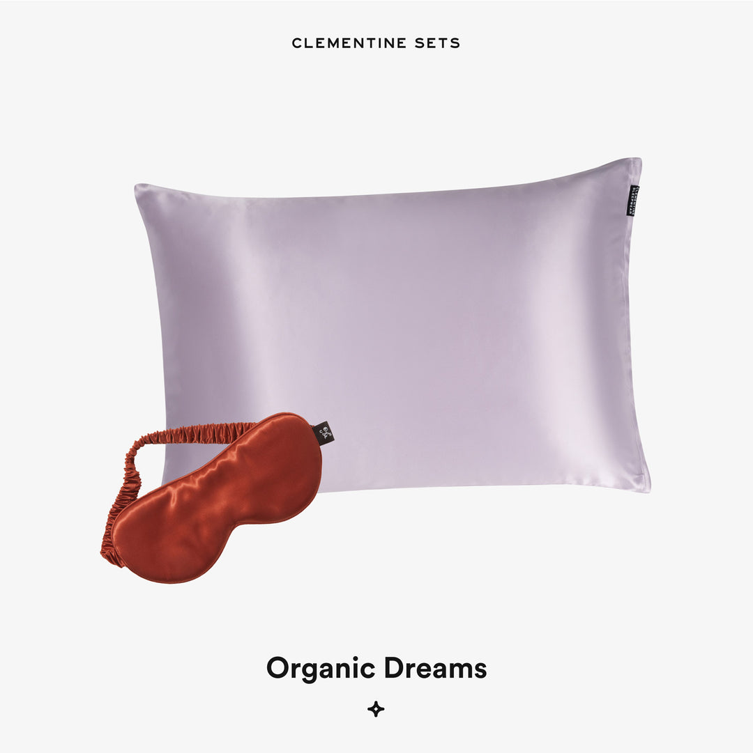 CLEMENTINE SETS — Organic Dreams: lavender silk pillowcase with rust silk sleep mask