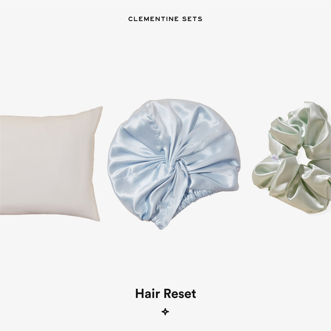 CLEMENTINE SETS: silk pillowcase, light blue silk bonnet, mint silk scrunchie — Hair Reset