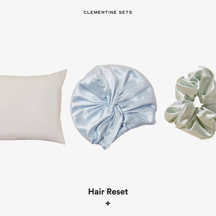 CLEMENTINE SETS: silk pillowcase, light blue silk bonnet, mint silk scrunchie — Hair Reset