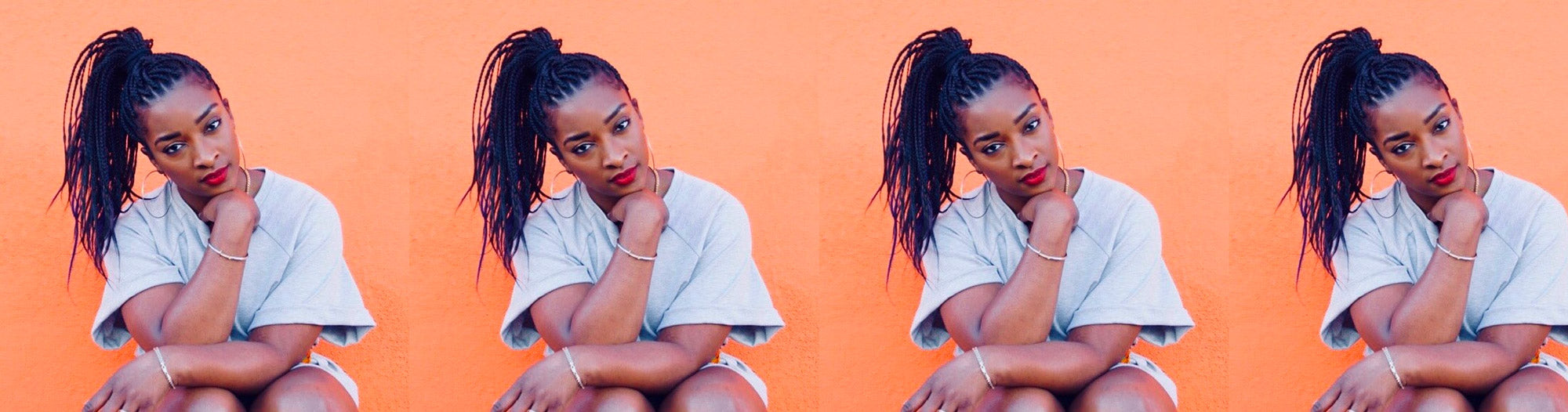 Woman with braided ponytail sitting against an orange wall, repeated four times horizontally