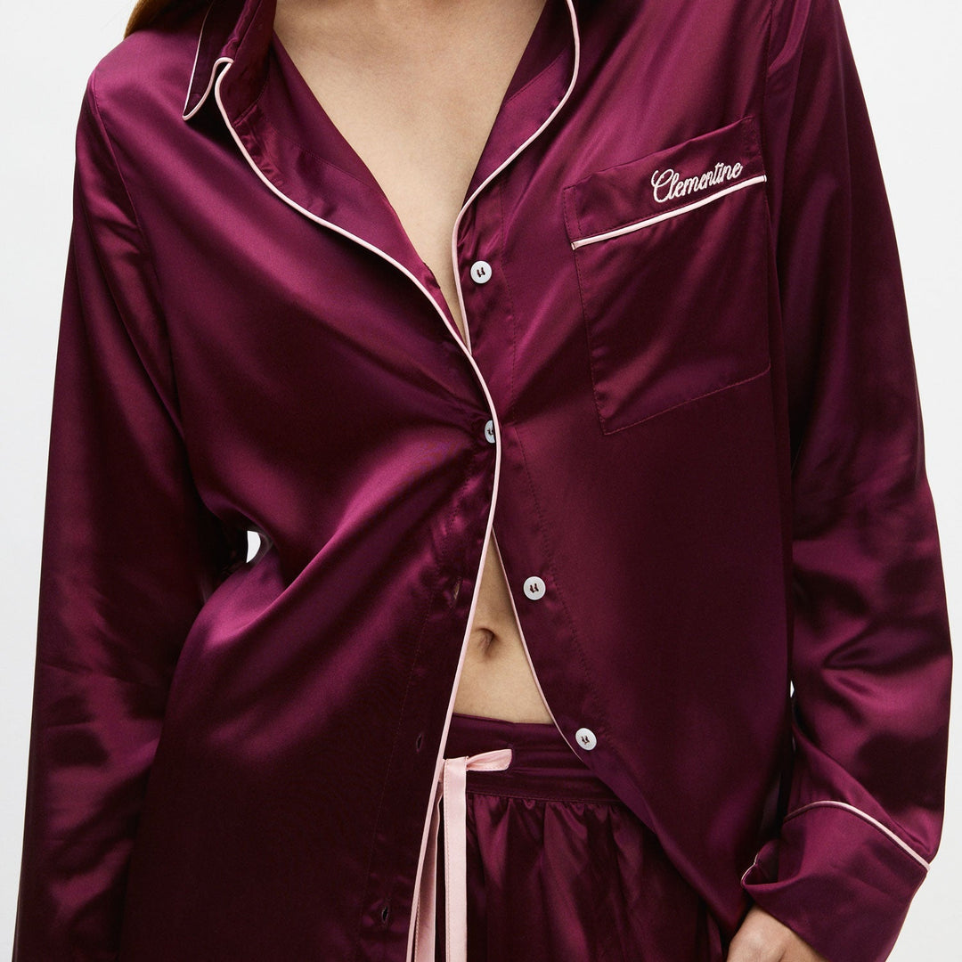 Silky bordeaux pajama top and matching shorts, 'Clementine' embroidered on chest pocket