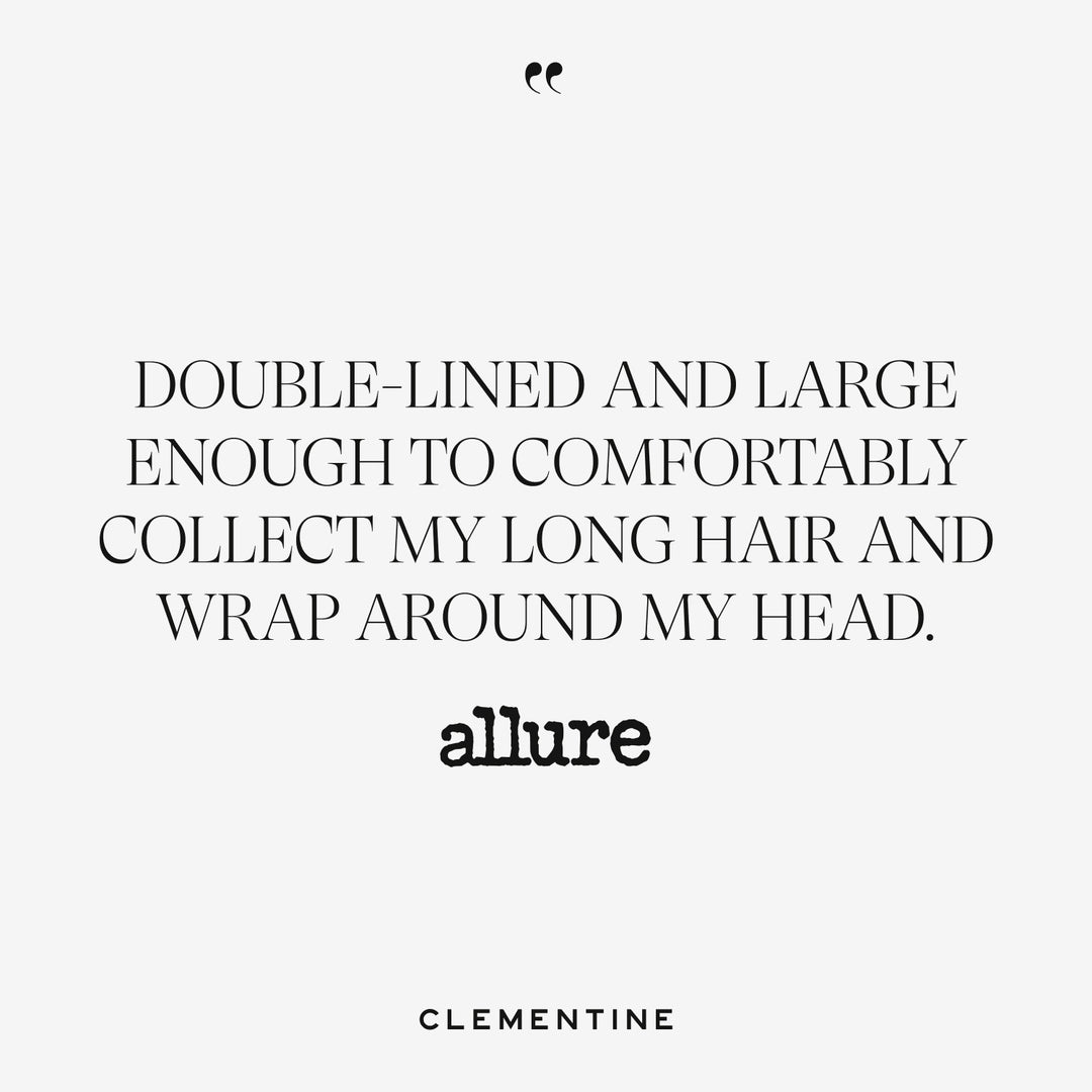 Promotional banner quoting Allure: Double-lined and large enough to comfortably collect long hair and wrap around my head 