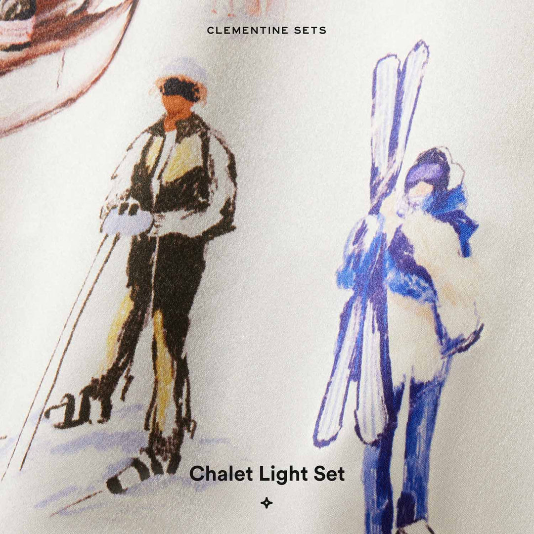 CLEMENTINE SETS — watercolor skiers holding skis and poles; Chalet Light Set