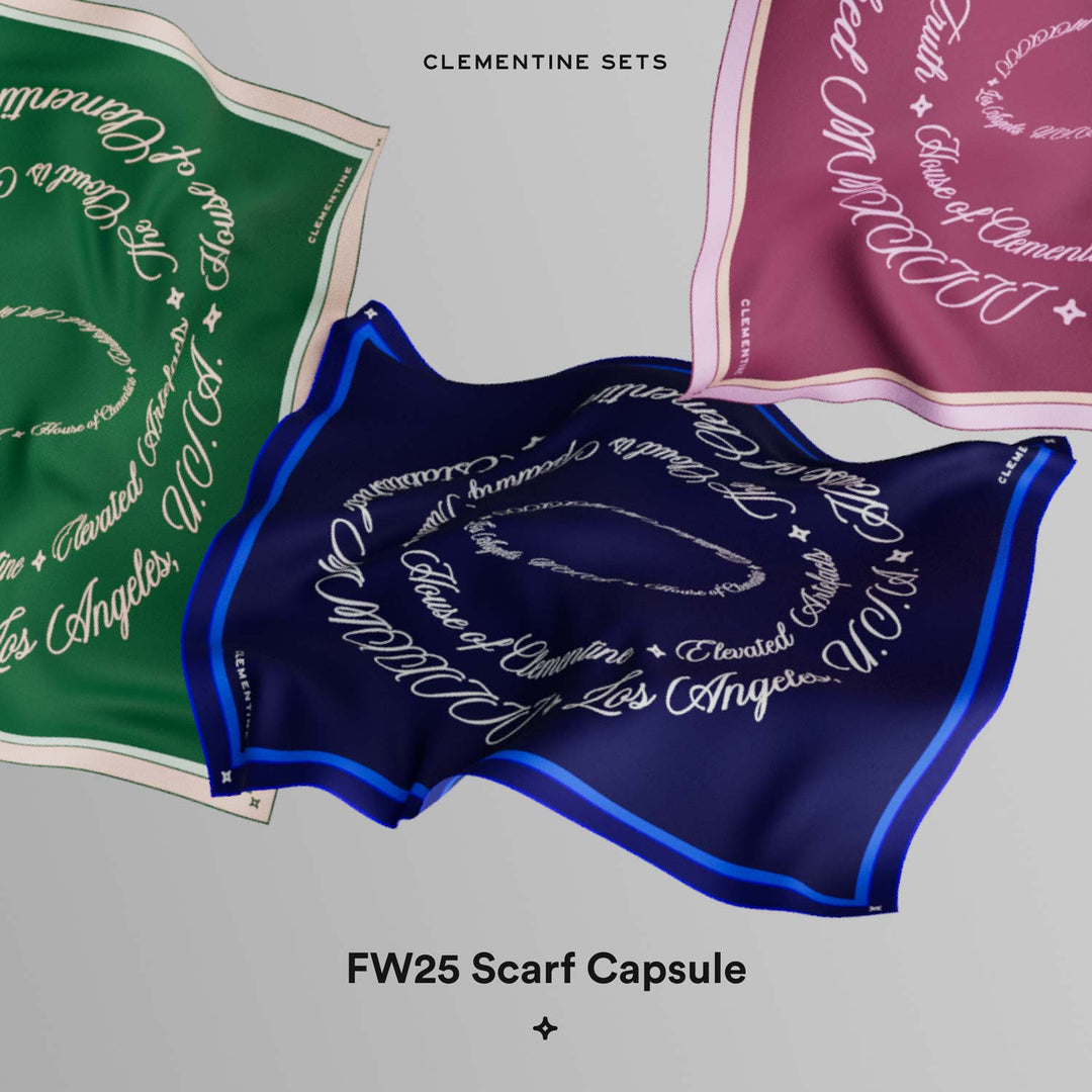 Three patterned silk scarves with script logos — CLEMENTINE SETS; FW25 Scarf Capsule; House of Clementine; Los Angeles