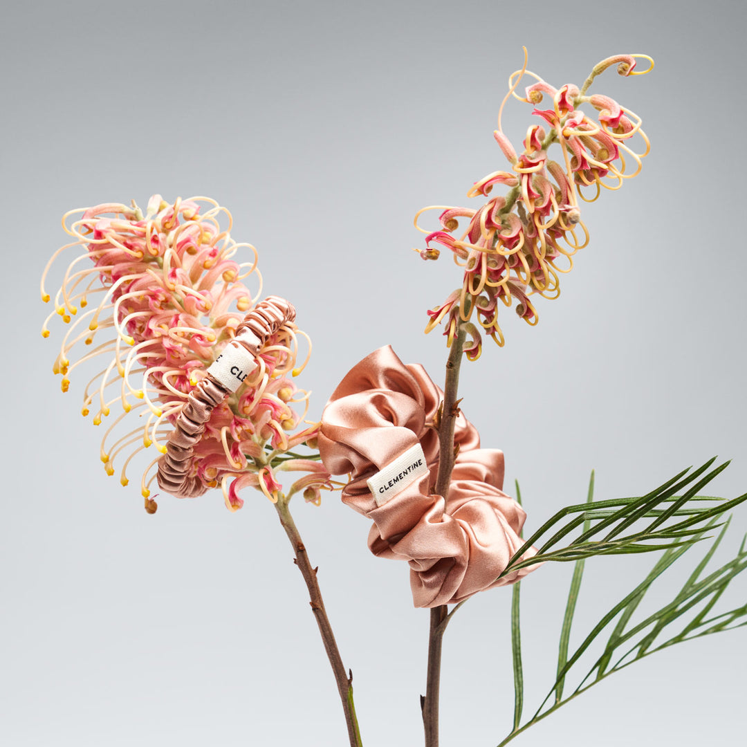 peach scrunchies on fauna silk