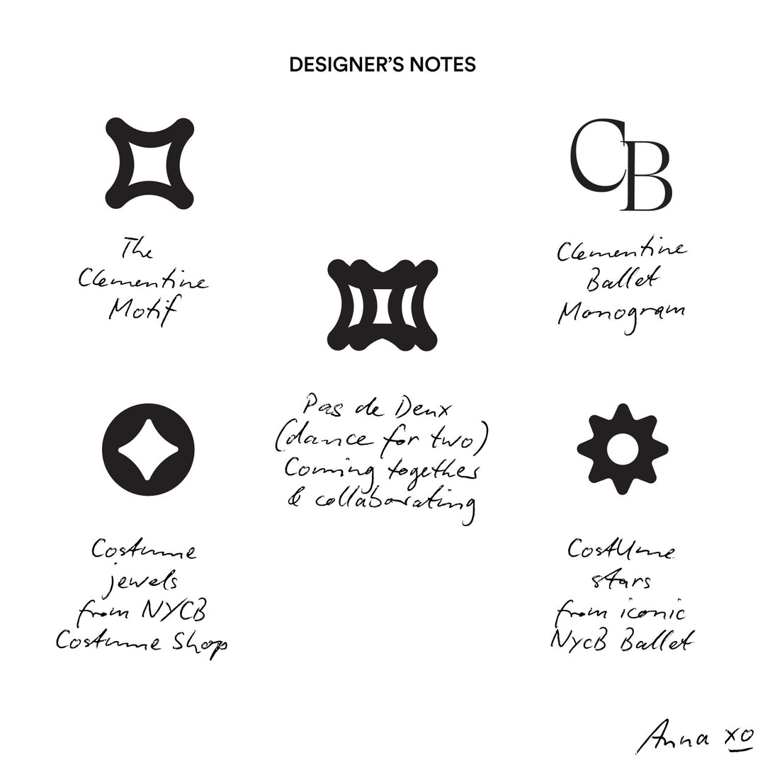 Infographic showing Designer’s Notes: organic silk, non-toxic inks, adjustable straps, limited-edition with NYCB 