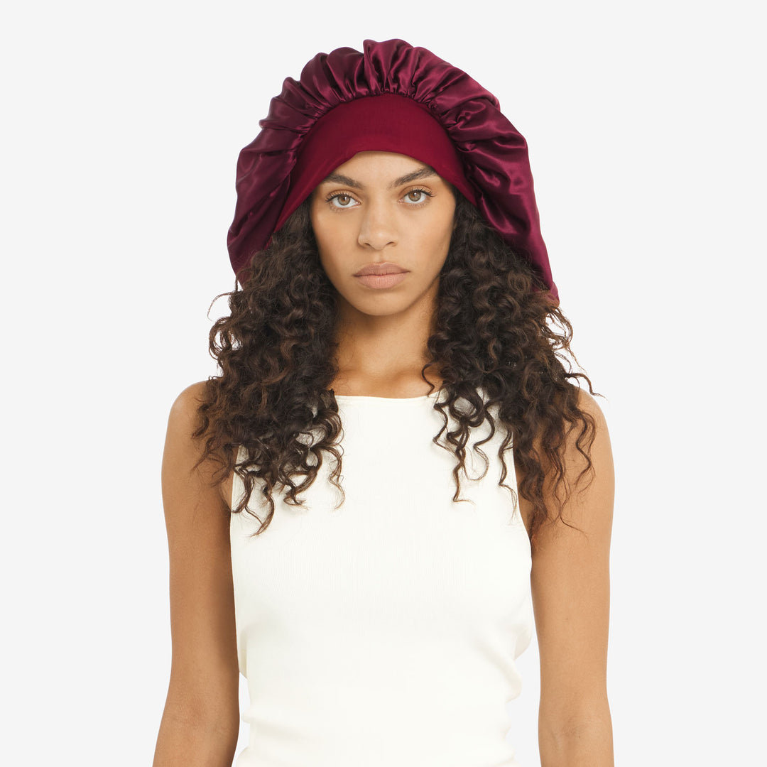 Front view with hair out XL bonnet plum