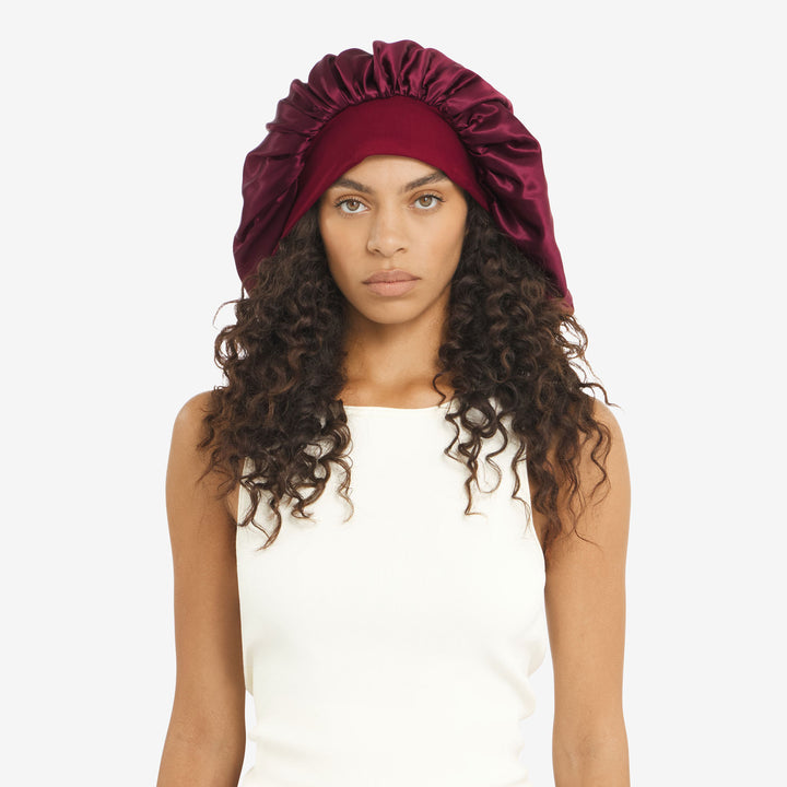 Front view with hair out XL bonnet plum