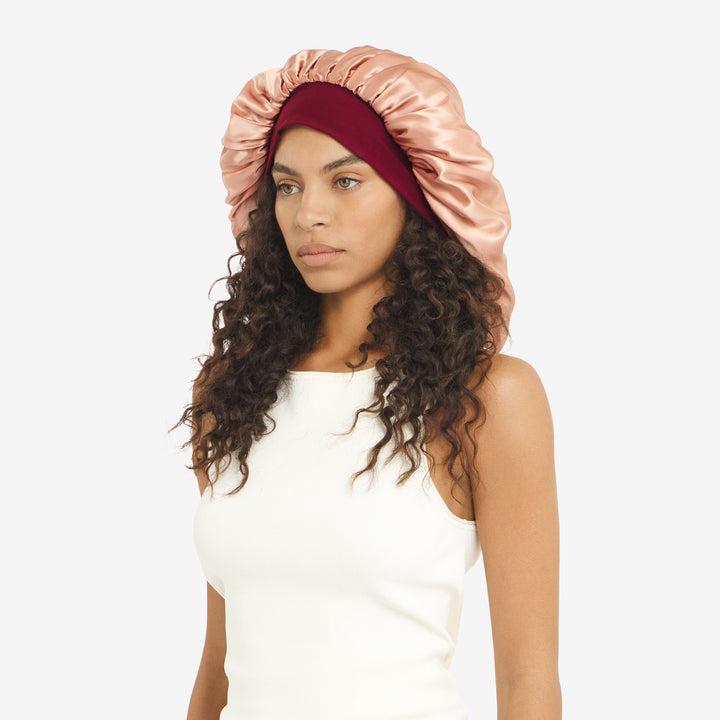 Side view with hair out XL bonnet peach