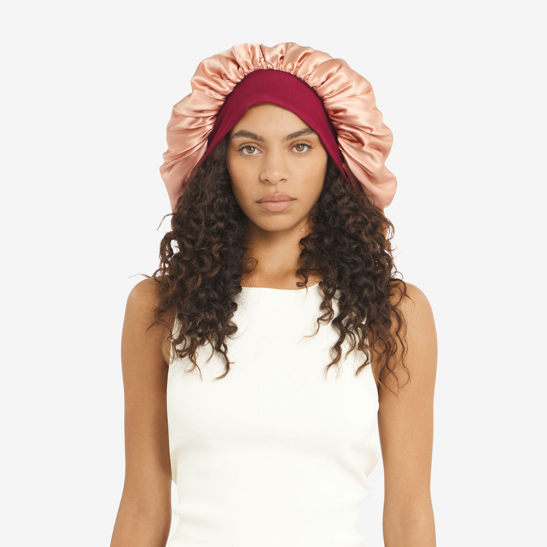 Front view with hair out XL bonnet peach