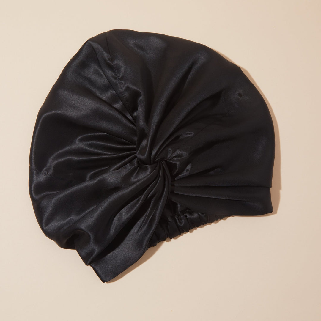 black silk hair bonnet fitted #color_black