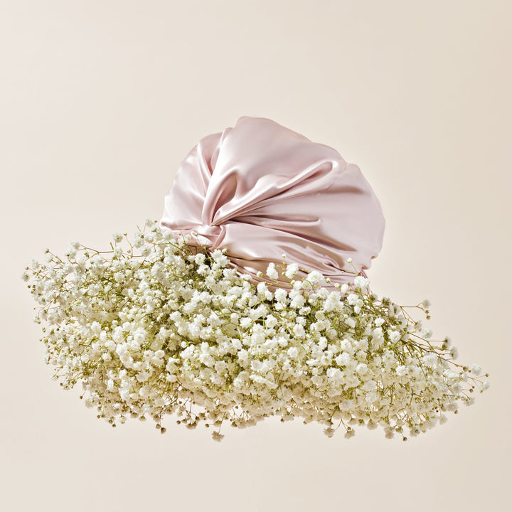 organic silk pink hair bonnet floating#color_pink-sherbert