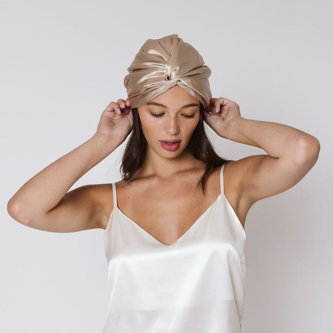 organic gold hair bonnet on model#color_champagne-gold