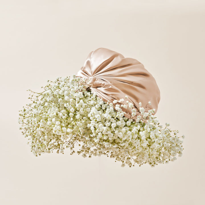 organic silk gold hair bonnet floating#color_champagne-gold