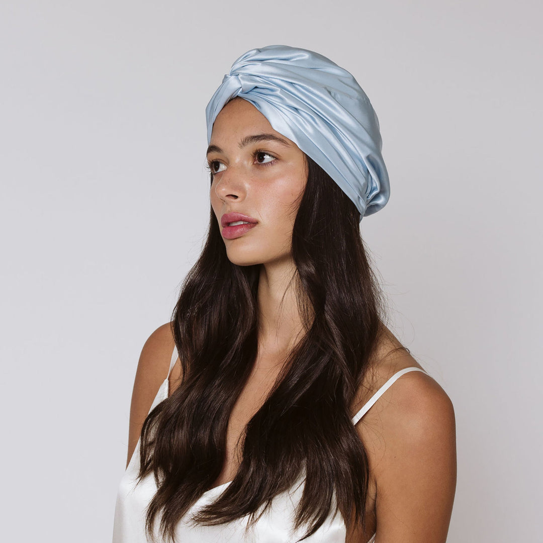 organic hair bonnet on model#color_sky-blue