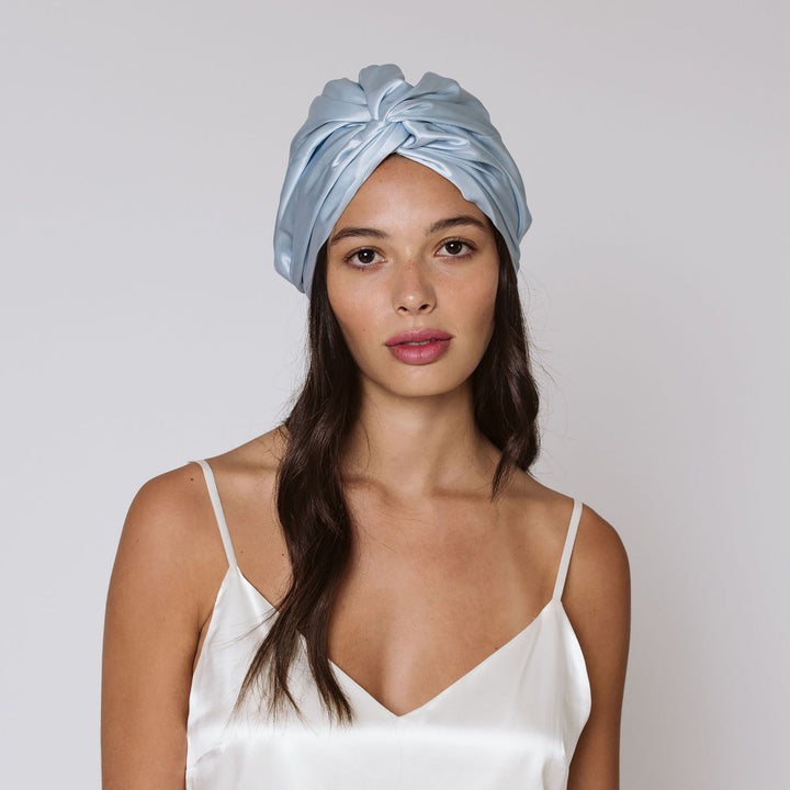 blue hair bonnet brunette model#color_sky-blue